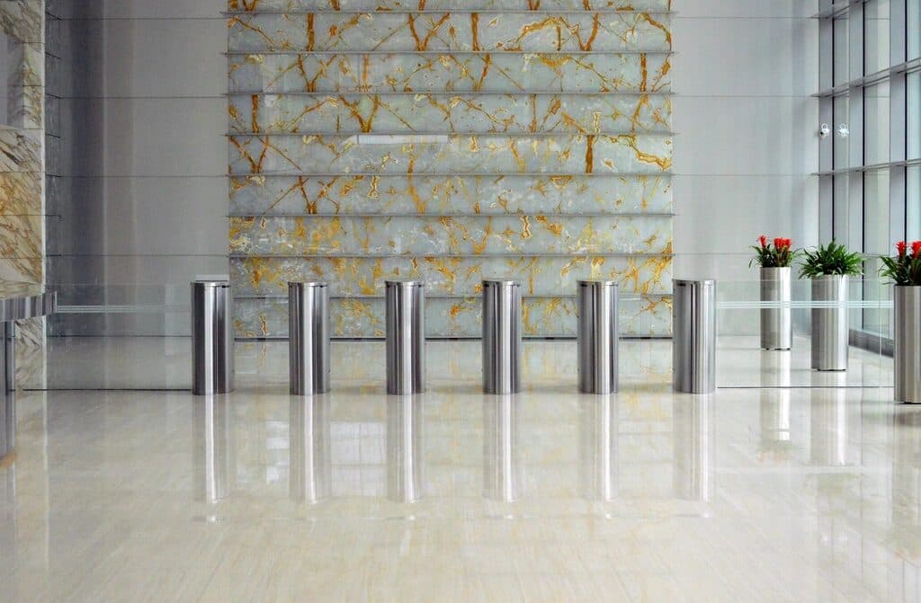 The entrance hall and access gates of a public institution