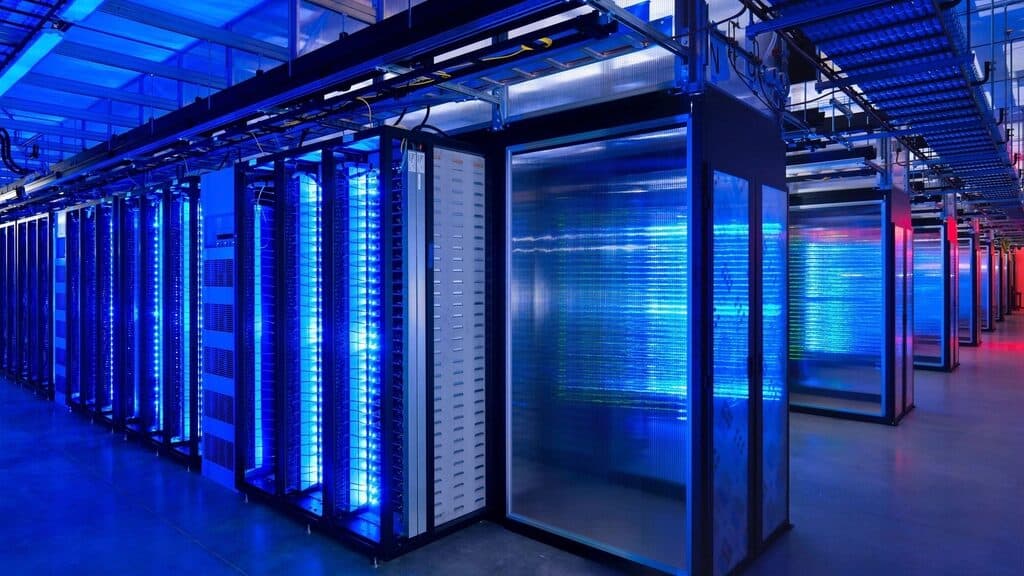 Illuminated server racks running a records management platform